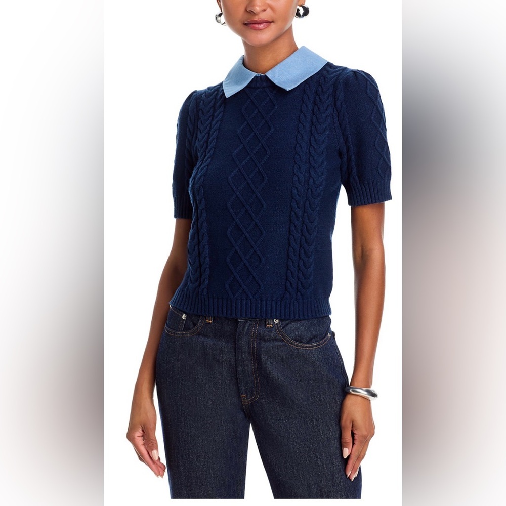 Aqua Navy Cable Knit Sweater with Light Blue Collar
